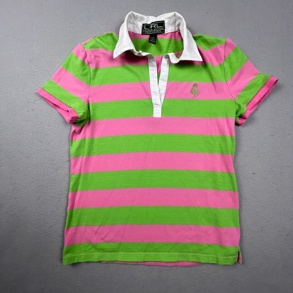 Lauren Active Ralph Lauren Polo Shirt Womens S Pink Green Striped Preppy Crest